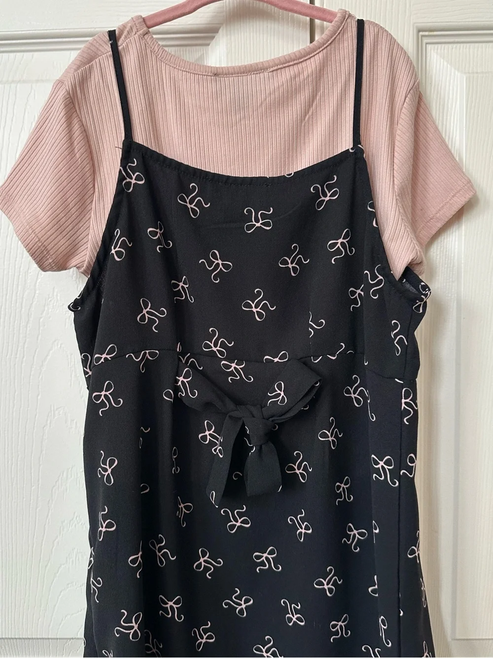 Beautees- Pink Ribbed Tee with Black Bow-Print Slip Dress